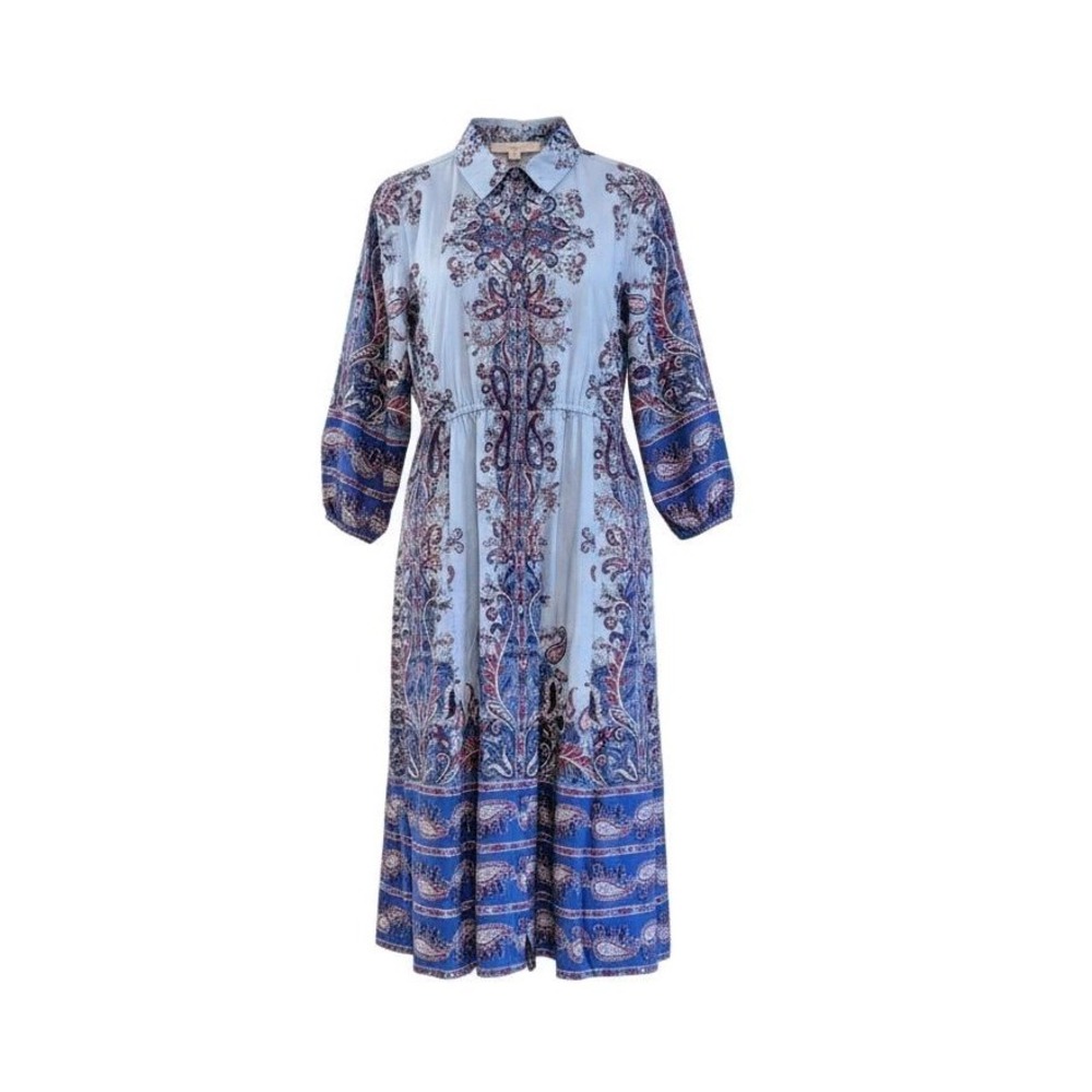 Loft Light Blue Paisley Floral Midi Shirtdress‎ Size XS Button Front Collar Belt - Picture 5 of 7